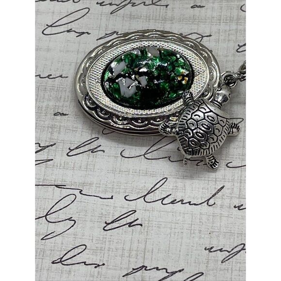 Green Turtle Opal Silver Nautical Beach Mermaid Photo Locket Necklace Valentines - Picture 10 of 16